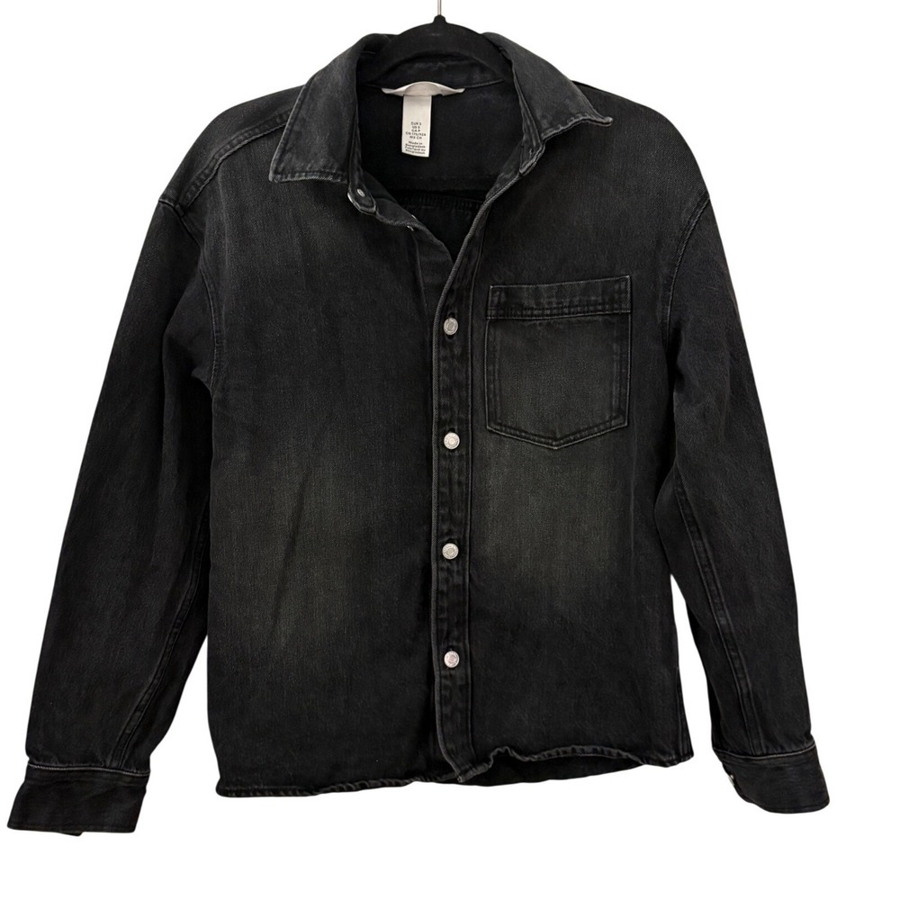 H&M Black Denim Button Down Shirt Regular Fit Men's Small Washed Jean Shirt
